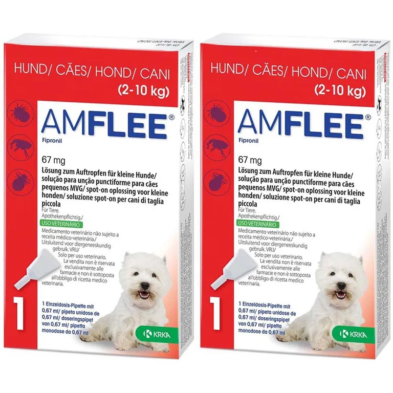 Amflee Spot-on als Doppelpack ist eine Lösung zum Auftropfen für Hunde mit einem Körpergewicht von 2-10 kg. Zur Anwendung gegen Flöhe, Zecken und Haarlinge. Wirkt bis zu 4 Wochen gegen Zecken und 8 Wochen gegen Flöhe.