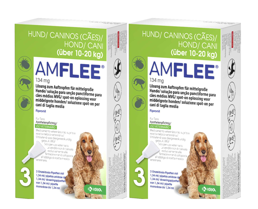 Amflee Spot-on im Doppelpack ist eine Lösung zum Auftropfen für Hunde mit einem Körpergewicht von 10-20 kg. Zur Anwendung gegen Flöhe, Zecken und Haarlinge. Wirkt bis zu 4 Wochen gegen Zecken und 8 Wochen gegen Flöhe.