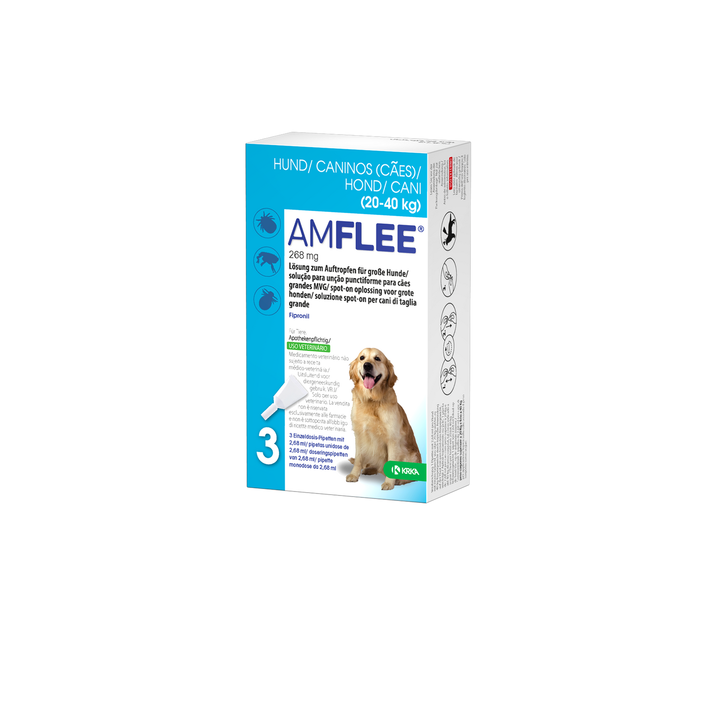 Amflee Spot-on ist eine Lösung zum Auftropfen für Hunde mit einem Körpergewicht von 20- 40 kg. Zur Anwendung gegen Flöhe, Zecken und Haarlinge. Wirkt bis zu 4 Wochen gegen Zecken und 8 Wochen gegen Flöhe.