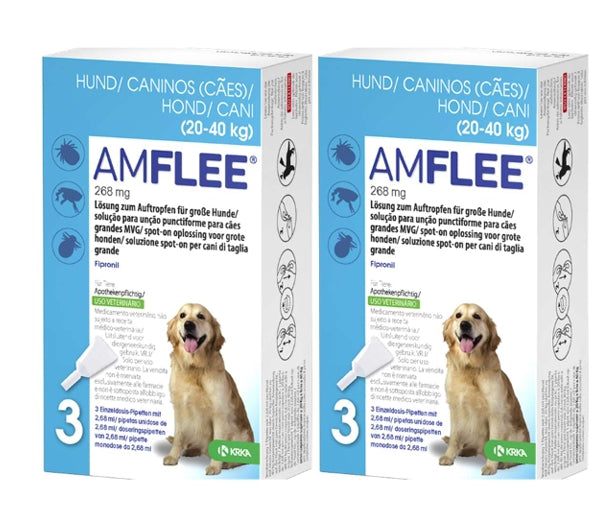 Amflee Spot-on als Doppelpack ist eine Lösung zum Auftropfen für Hunde mit einem Körpergewicht von 20-40 kg. Zur Anwendung gegen Flöhe, Zecken und Haarlinge. Wirkt bis zu 4 Wochen gegen Zecken und 8 Wochen gegen Flöhe.