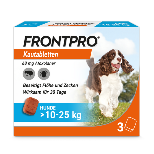 Details für FRONTPRO® Kautablette von Boehringer/Ingelheim gegen Zecken und Flöhe bei Hunden (10-25kg) PZN 18654297 ansehen FRONTPRO® Kautablette von Boehringer/Ingelheim gegen Zecken und Flöhe bei Hunden (10-25kg) PZN 18654297