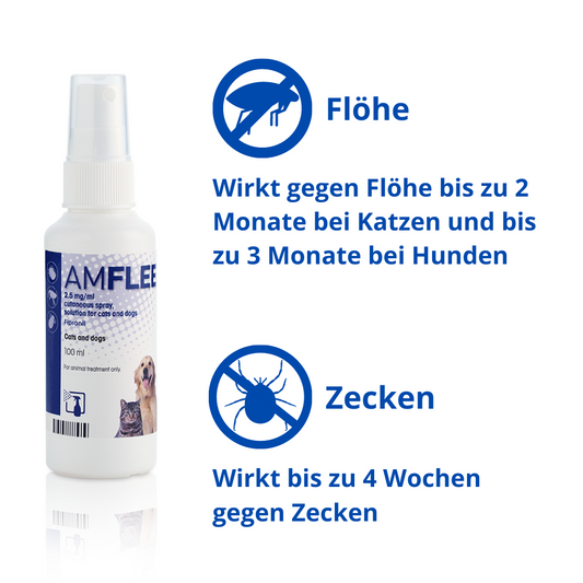 Wirksam gegen Zecken bis zu 4 Wochen bei Hunde und Katzen. Bei Flöhen ist eine Wirksamkeit bei Katzen bis zu 2 Monaten und bei Hunden bis zu 3 Monaten möglich.
