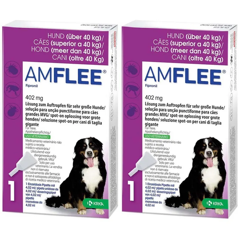 Amflee Spot-on als Doppelpack ist eine Lösung zum Auftropfen für Hunde mit einem Körpergewicht von über 40kg. Zur Anwendung gegen Flöhe, Zecken und Haarlinge. Wirkt bis zu 4 Wochen gegen Zecken und 8 Wochen gegen Flöhe